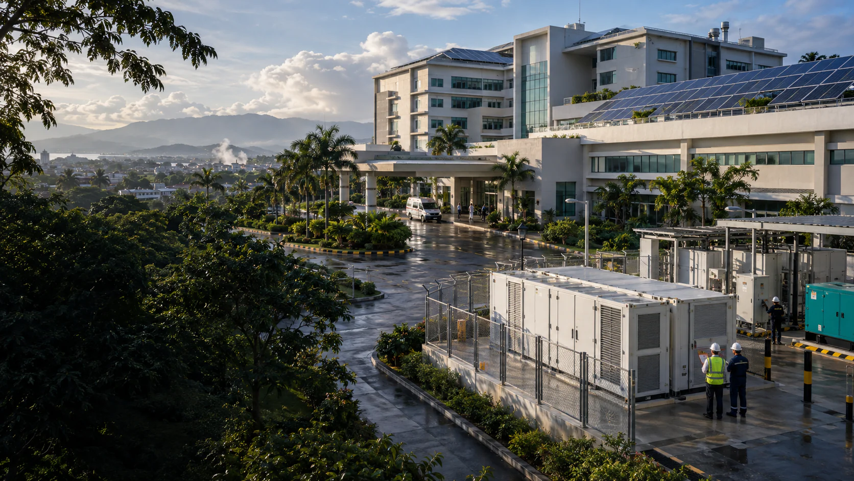 Concept visualization of a Philippine hospital with rooftop solar, battery energy storage and coordinated backup power